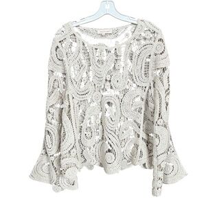 Solitaire Cream Crochet Bell Sleeve Pullover Boho Sweater Top Size L